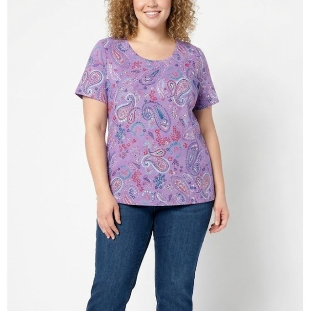 Woman Within size 18/20‎ Purple Paisley Cotton Stretch Short Sleeve Tee